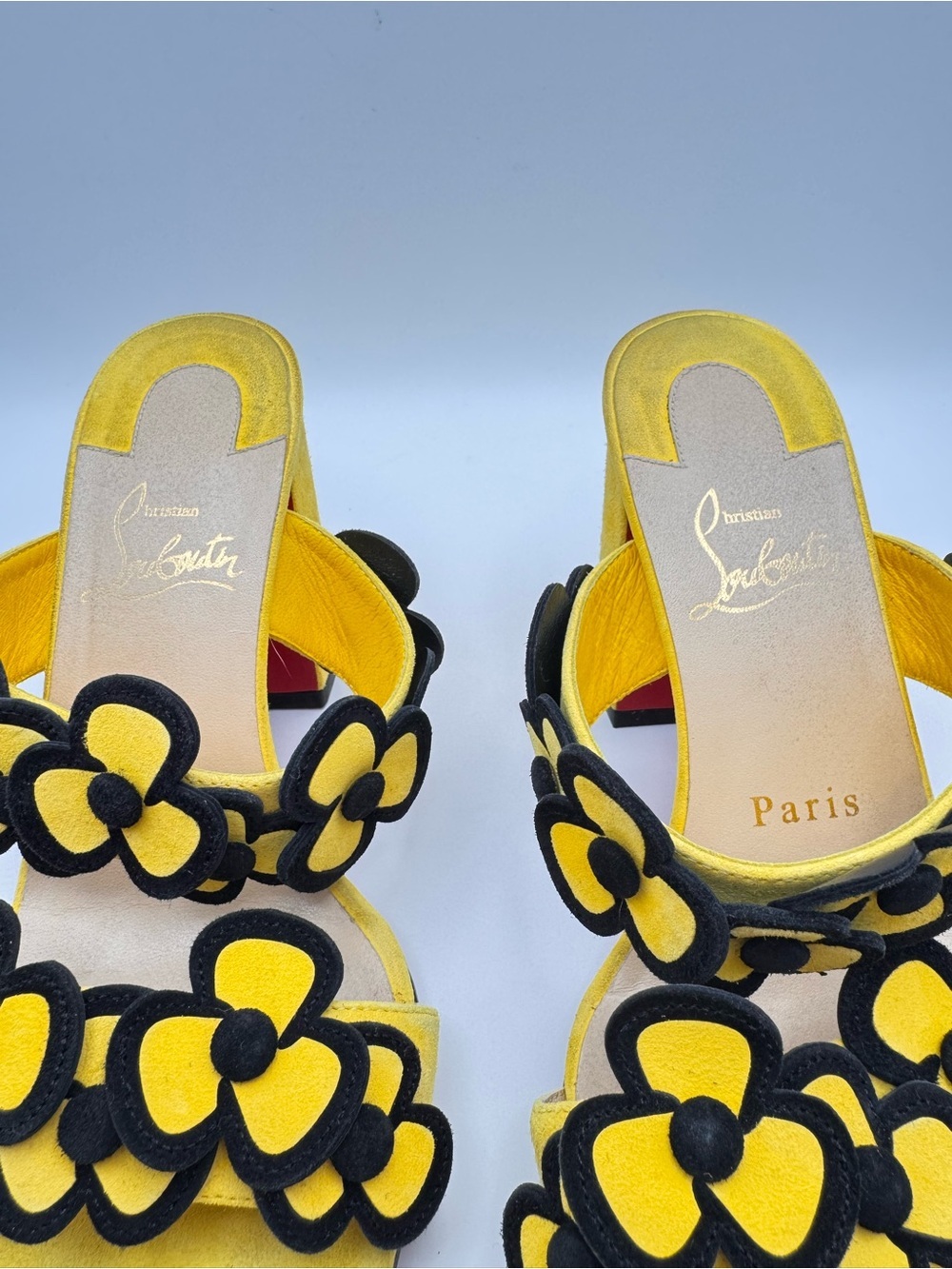 Christian Louboutin Tres Pansy 85 Yellow Suede Floral Mule Sandals EU 36 - Picture 5 of 8